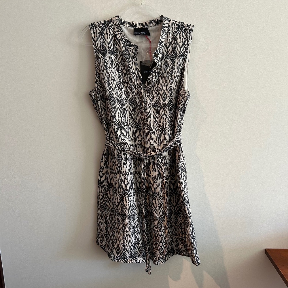 NWT Cynthia Rowley Shirt Dress Black White 12 Ikat Print Sleeveless Belted
